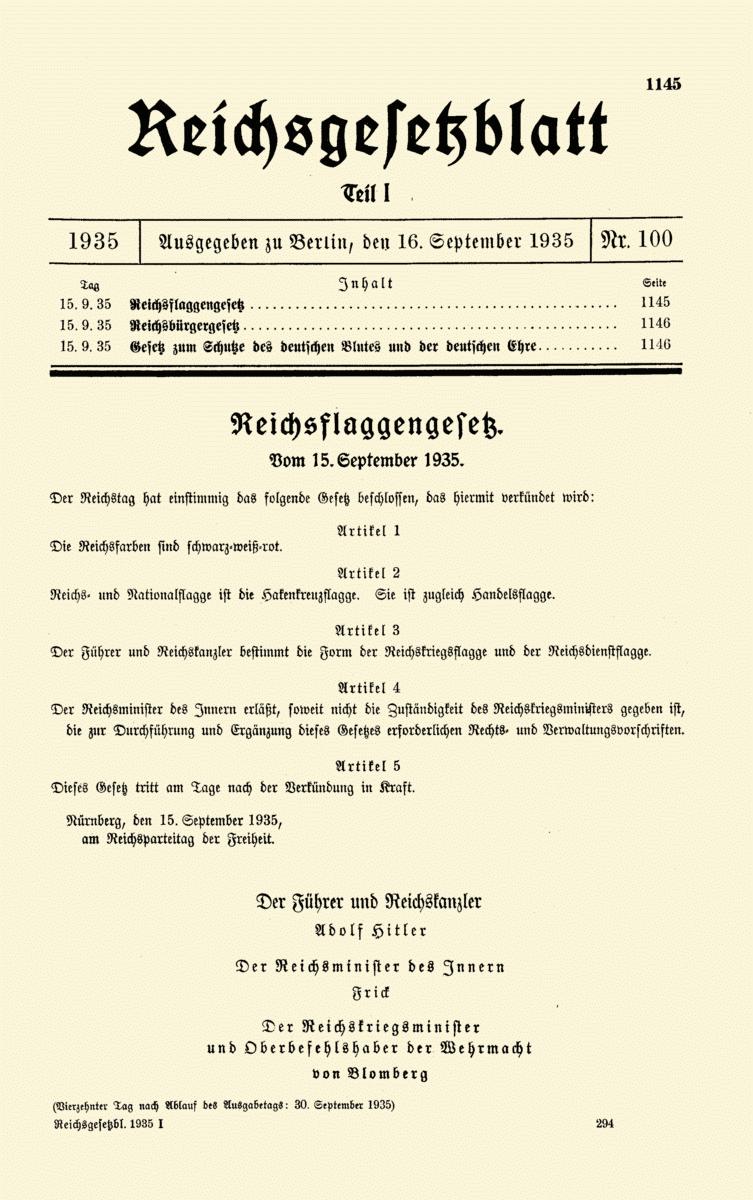 Title page of the German government gazette Reichsgesetzblatt issue proclaiming citizenship laws, published on 16 September 1935. Wikipedia public domain