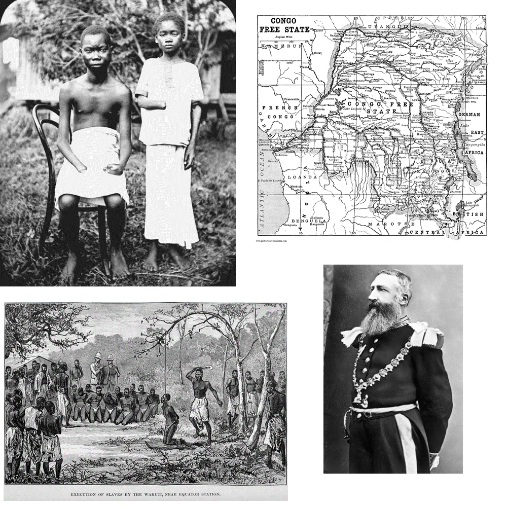 Selection of images: victims of Leopold's rule, a map of Congo Free State, Leopold II himself, and artist's rendition of European atrocities