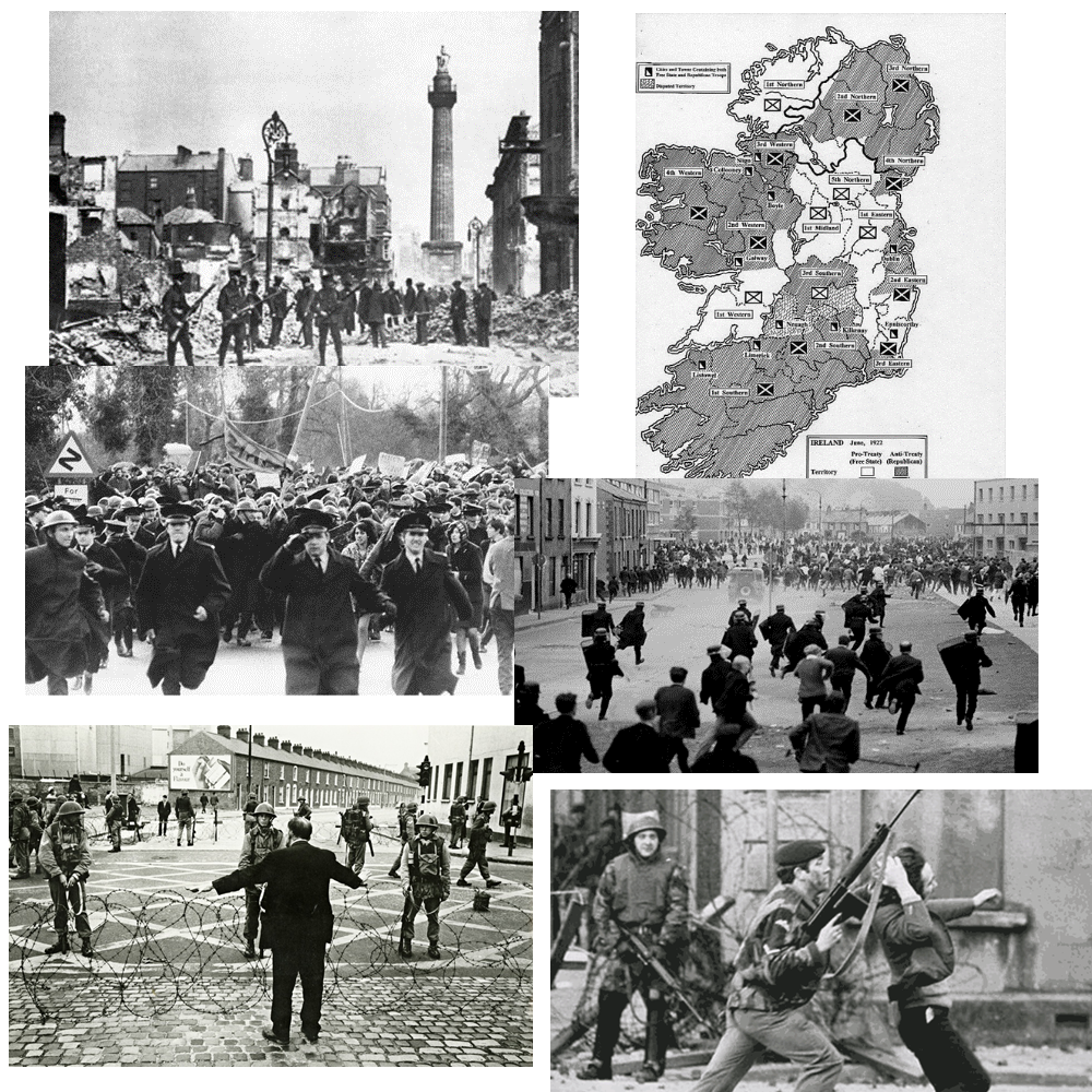Easter Rising, civil war, marches attacked, battle of Bogside, peacekeepers, problems