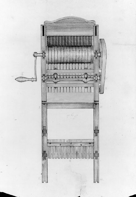 Drawing of Eli Whitney's cotton gin, circa 1795.