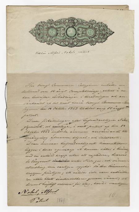 Alfred Nobel's application for patent, regarding his percussion cap and principles for initial ignition of nitroglycerine, 1864.