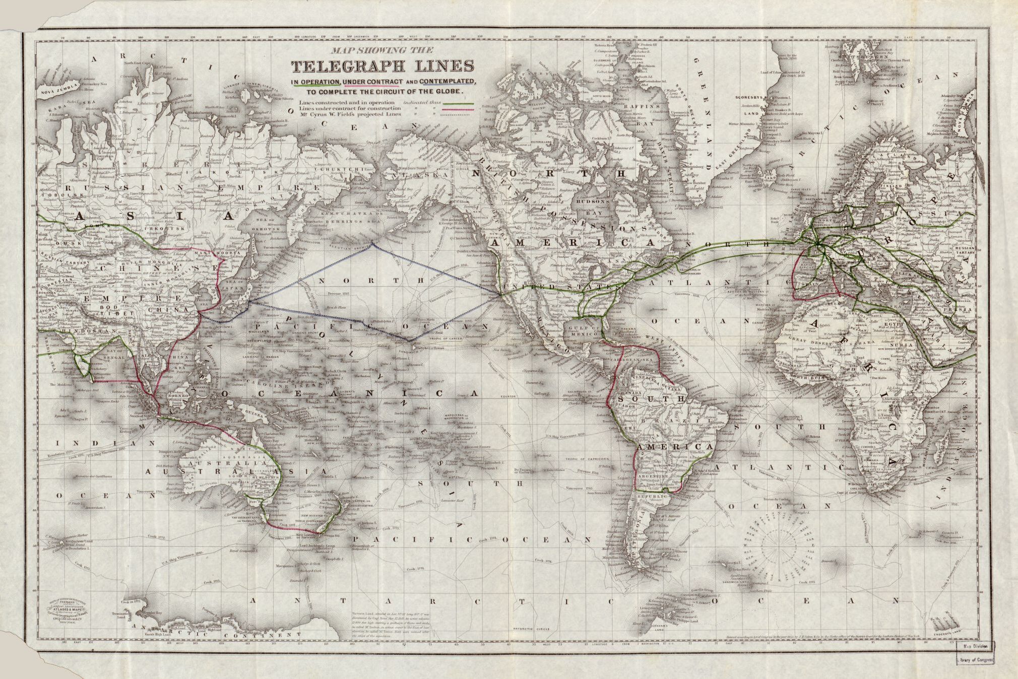 Map showing the telegraph lines in operation, under contract, and contemplated, to complete the circuit of the globe.