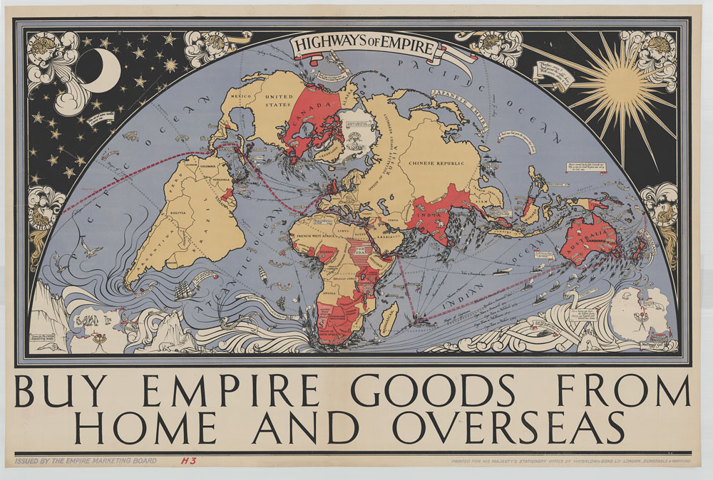 A 1927 pictoral map with all the dominions and trade routes. British Empire Marketing Board. Library and Archives Canada, Acc. No. 1983-27-382 Copyright expired.