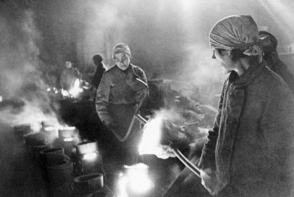 Soviet women working in a Leningrad factory at the height of the siege