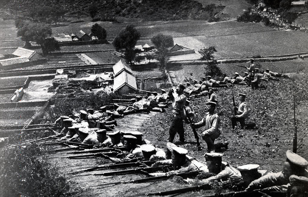Soldiers defending a village in Manchuria