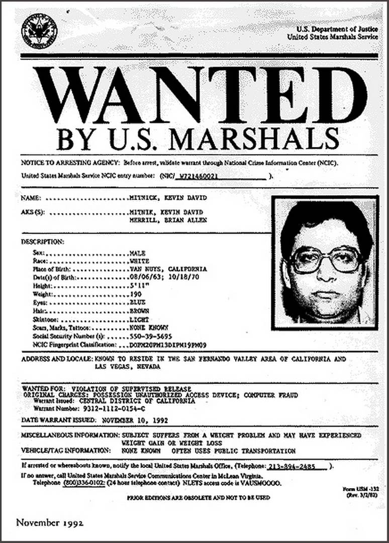 Kevin Mitnick's wanted poster